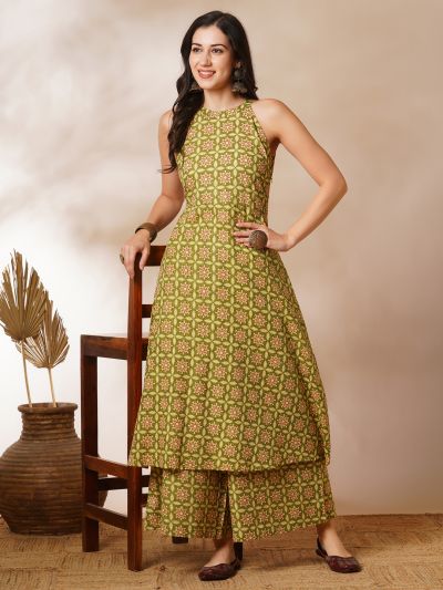 Globus Women Green Halter Neck Allover Geometric Printed Workwear A-Line Kurta With Elasticated Pants 