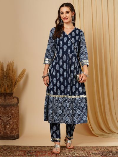 Globus Women Blue Ethnic Motif Wrap V-Neck A-Line Flared Calf Length Kurta & Straight Trouser Festive Set