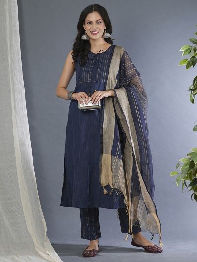 Globus Women Blue Tie-Up Neck Yoke Design Straight Workwear Kurta With Narrow Pants & Yarndyed Dupatta Set