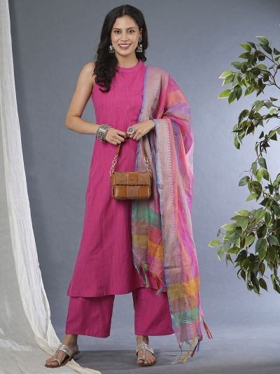 Globus Women Pink Halter Neck Calf Length A-Line Workwear Kurta With Pants & Multicolor Dupatta Set