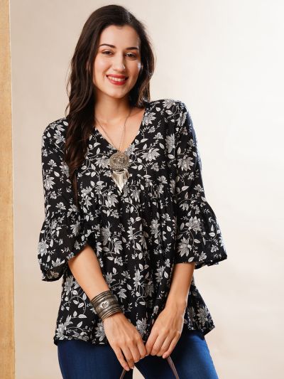 Globus Women Black Floral Printed V-Neck Bell Sleeves Gathered A-Line Alia Cut Workwear Tunic