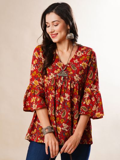 Globus Women Maroon Floral Printed V-Neck Bell Sleeves Gathered A-Line Alia Cut Workwear Tunic