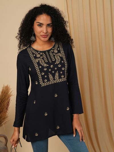 Globus Women Blue Yoke Embroidered Yoke Neck Ethnic Print Workwear Tunic