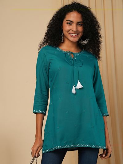 Globus Women Turquoise Blue Embellished Tie -Up V-Neck 3/4 Sleeves Workwear Tunic