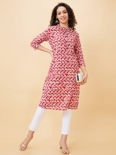 Globus Women Pink Printed Mandarin Collar Straight Kurta