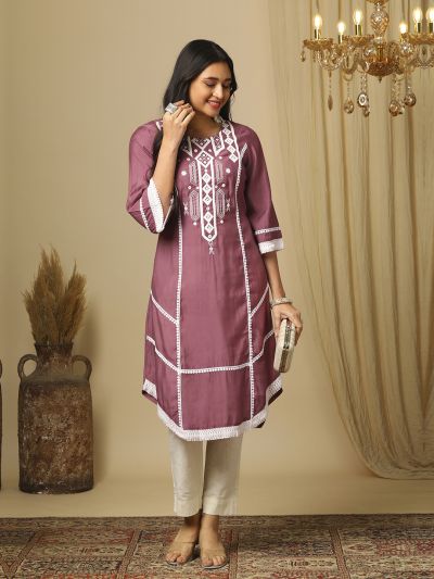 Globus Women Purple Embroidered Round Neck Bell Sleeves lace detail Apple Cut Hem A-Line Calf Length Fusion Kurta