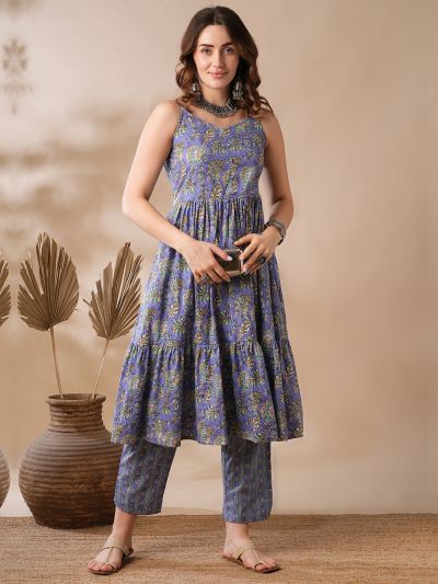 Globus Women Purple V-Neck Strappy Shoulder Mix & Match Floral Print Tiered Fusion A-Line Kurta & Pants Set