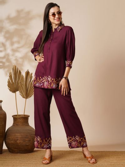 Globus Women Purple Floral Embroidered Shirt Collar Cuffed Sleeves Top & Mid-Rise Partially Elasticated Ankle Length Pants Fusion Co-Ord Set