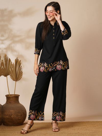 Globus Women Black Floral Embroidered Shirt Collar Cuffed Sleeves Top & Mid-Rise Partially Elasticated Ankle Length Pants Fusion Co-Ord Set