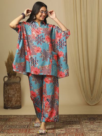 Globus Women Blue Floral Printed Shirt Collar Kaftan Top & Partially Elasticated Trousers Fusion Co-Ord Set