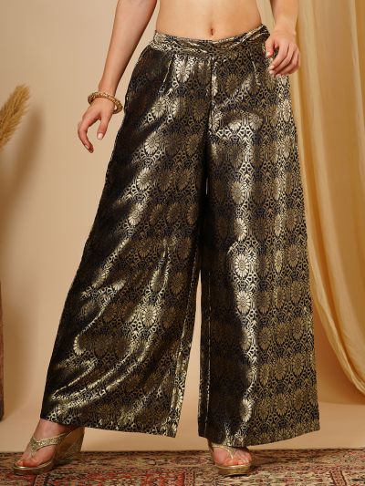 Globus Women Navy Blue & Silver Floral Jaal Print Partially Elaticated Wide Leg Ethnic Palazzos