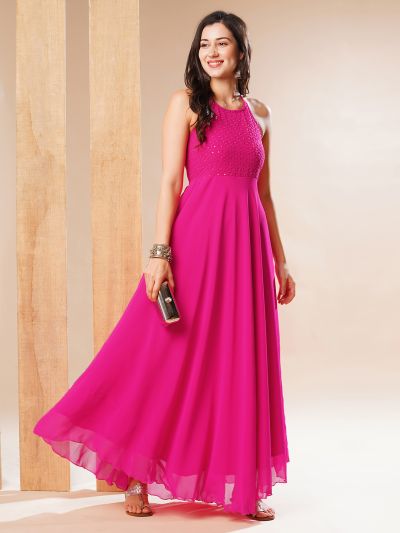 Globus Women Pink Halter Tie-Up Neck Embroidered & Sequinned Yoke Fit & Flare Festive Maxi Dress