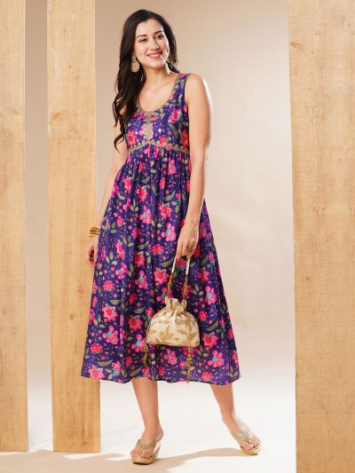 Globus Women Purple Sequinned & Embroidered Yoke Allover Floral Print Gathered Festive A-Line Aliya Cut Maxi Dress