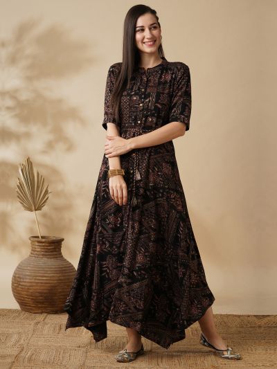 Globus Women Black Ethnic Print Mandarin Collar Waist Tie-Up Drawstring Asymmetric Flared Hem A-Line Fusion Maxi Dress