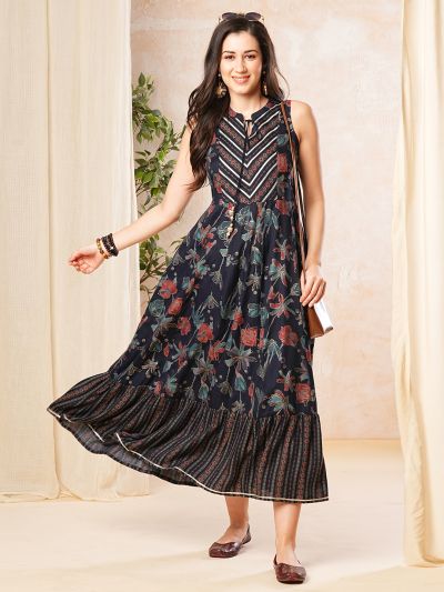 Globus Women Blue Floral Print Mandarin Collar Maxi Dress