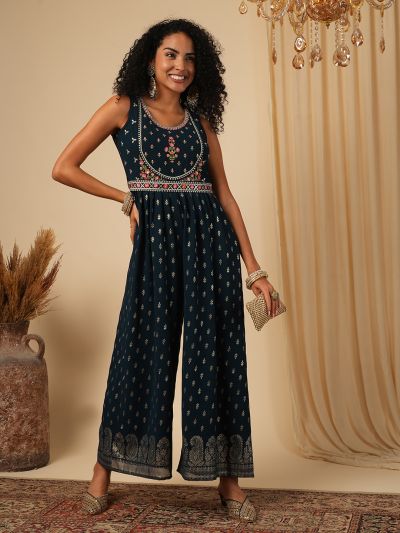 Globus Women Blue Zari Embroidered Yoke Allover Ethnic Motifs Foil Print Pleated Fusion Jumpsuit with Belt