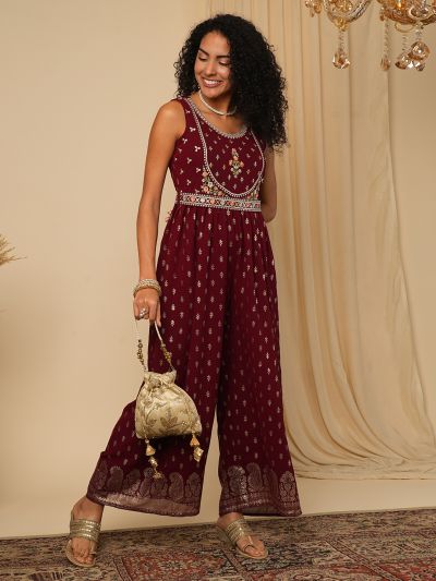 Globus Women Maroon Zari Embroidered Yoke Allover Ethnic Motifs Foil Print Pleated Fusion Jumpsuit with Belt