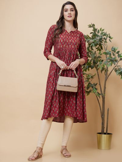 Globus Women Maroon Printed Festive A-Line Kurta