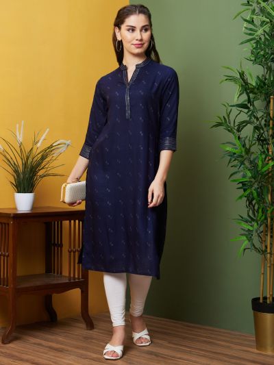 Globus Women Blue Solid Festive Wear Three-Quarter Sleeves Mandarin Collar Straight Kurta