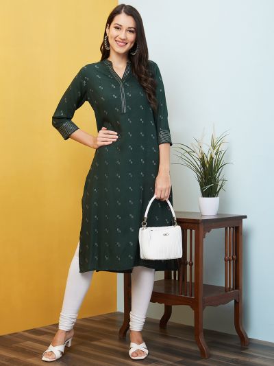 Globus Women Green Woven Design Mandarin Collar Straight Festive Kurta