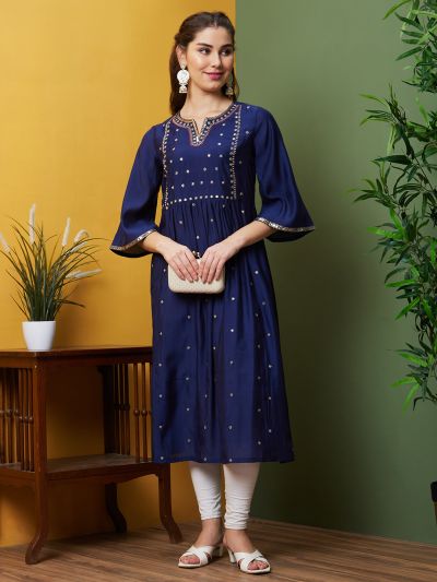 Globus Women Blue Festive Wear Embroidered Bell Sleeves Round Neck A-Line Kurta