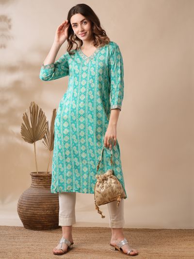 Globus Women Green Gotta Patti V-Neck Gold Foil Block Floral Printed Straight Workwear Kurta