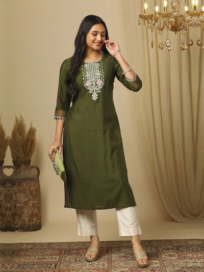 Globus Women Green Round Neck Zari Embroidered Yoke Design Straight Calf Length Ethnic Kurta