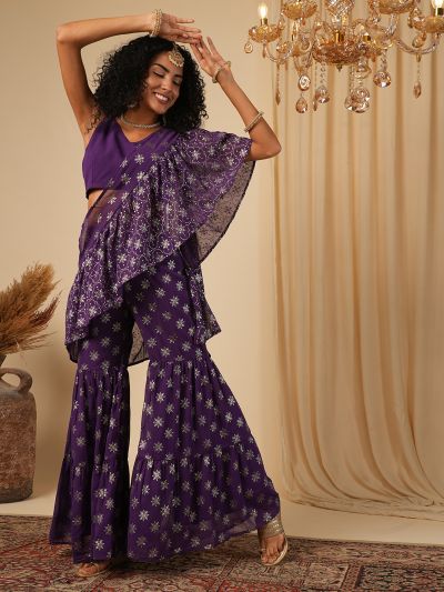 Globus Women Purple Solid Blouse With Silver Foil Ethnic Motifs Print Sharara Ready To Wear Fusion Saree