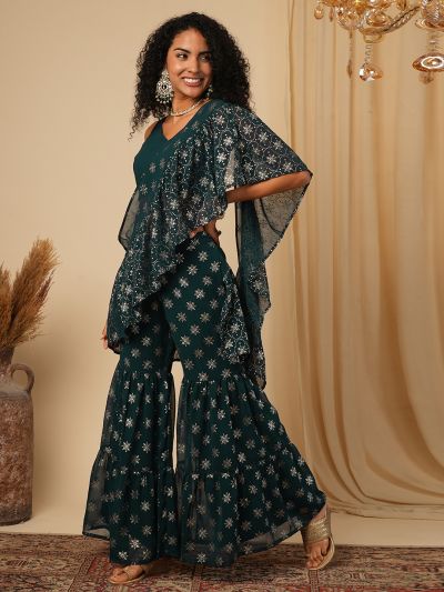 Globus Women Teal Solid Blouse With Silver Foil Ethnic Motifs Print Sharara Ready To Wear Fusion Saree