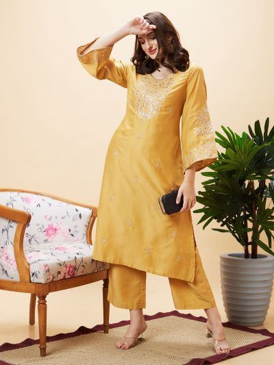 Globus Women Yellow Embroidered Bell Sleeve Straight Kurta & Wide Leg Trouser Set