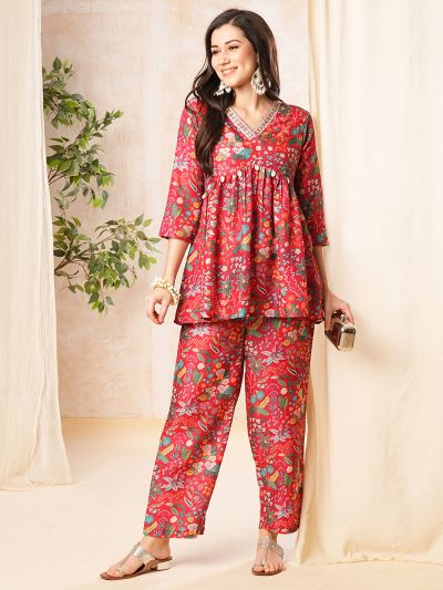 Globus Women Red Printed Alia-Cut A-Line Peplum Tunic & Straight Pant Co-Ord Set