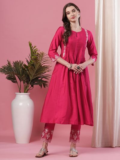 Globus Women Pink Embroidered Yoke Keyhole Neck Calf Length Pleated A-Line Kurta With Narrow Pant