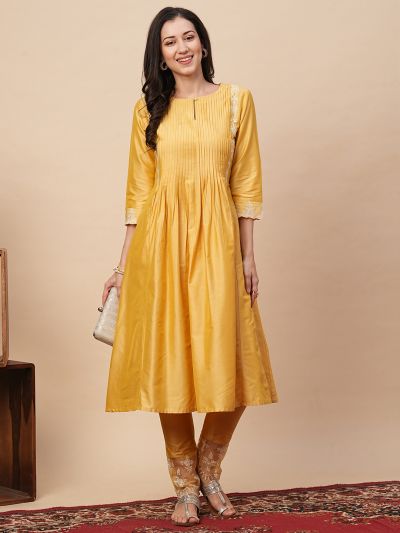 Globus Women Yellow Embroidered A-Line Kurta With Pants