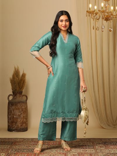 Globus Women Green Silver Embroidered V-Neck Scalloped Hem Straight Kurta & Elasticated Pants Festive Set