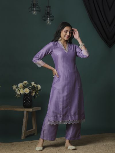 Globus Women Purple Silver Embroidered V-Neck Scalloped Hem Straight Kurta & Elasticated Pants Festive Set