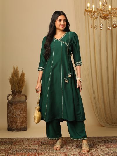 Globus Women Green Embroidered V-Neck Gold Lace Detail Panelled Angrakha A-Line Kurta & Elasticated Pants Festive Set