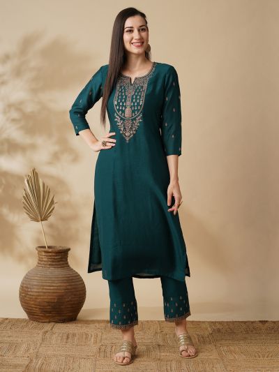 Globus Women Teal Zari Embroidered Yoke Straight Calf Length Kurta & Trouser Set