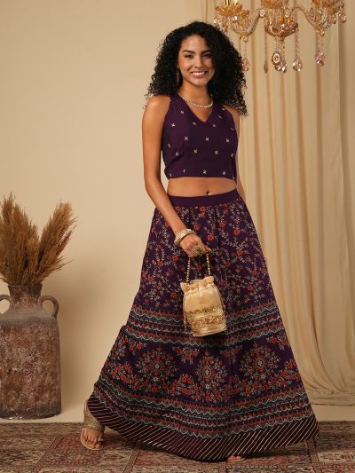 Globus Women Purple Halter Neck Embroidered Stylised Back Blouse With Floral Print Lehenga Festive Co-Ord Set