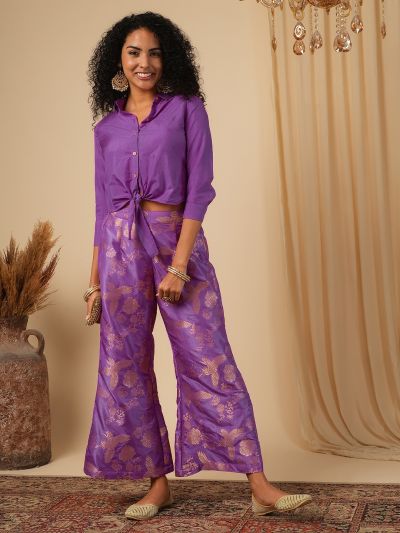 Globus Women Purple Cuffed Sleeves Solid Tie-Up Detail Crop Shirt With Brocade Floral Woven Design Flared Pants Fusion Co-Ord Set