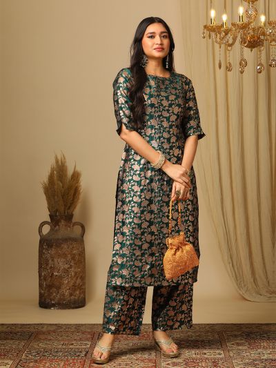 Globus Women Green Round Neck Elbow Sleeves Brocade Floral Jaal Print Straight Kurta & Elasticated Pants Festive Set