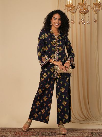 Globus Women Blue Embroidery Detail Mirror Work Ethnic Motifs Bell Sleeves Front Slit Top With Pants Fusion Co-Ord Set