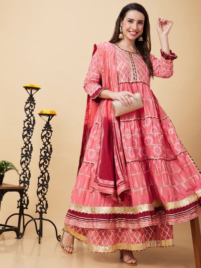 Globus Women Pink Gotta Patti & Allover Printed Pleated Tiered Anarkali Kurta With Sharara & Dupatta