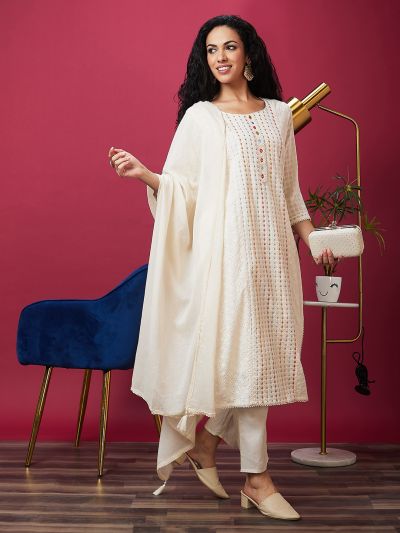 Globus Women Off-White Woven Design Panelled Festive Kurta Set with Dupatta