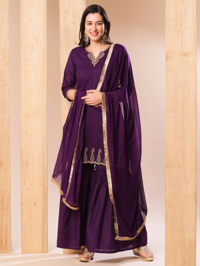 Globus Women Purple Embroidered Neckline Straight Kurti With Sharara Pants & Fringed Dupatta