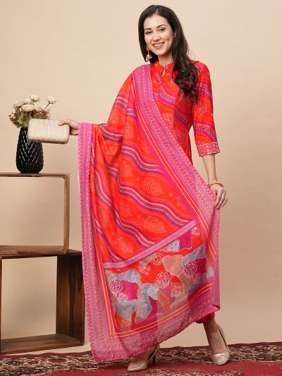 Globus Women Orange Leheriya Print Panelled Kurta With Narrow Pants & Dupatta