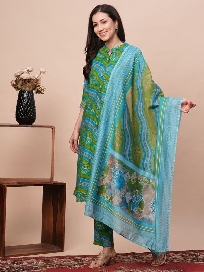 Globus Women Green Leheriya Print Panelled Kurta With Narrow Pants & Dupatta