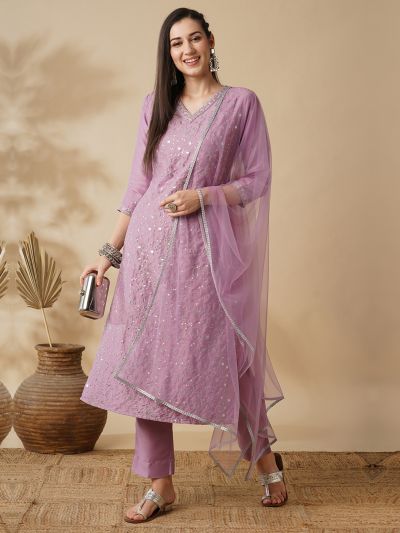 Globus Women Lavender Embroidered Sequinned Calf Length A-Line Kurta, Trousers & Tassel Dupatta Set