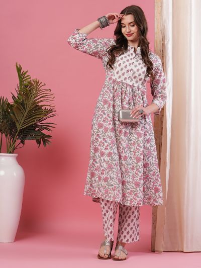 Globus Women Ivory Mandarin Collar Printed Panelled Kurta Set with Trouser