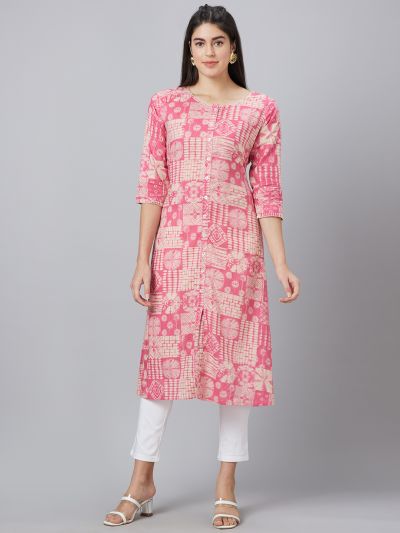 Globus Women Pink Printed Round Neck A-Line Kurta