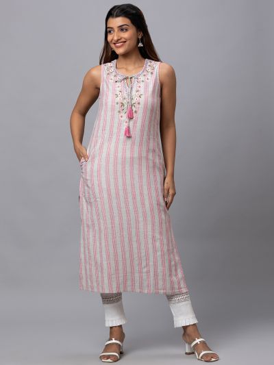 Globus Women Pink Striped Round Tie-Up Neck Sleeveless Yarn Dyed Kurta